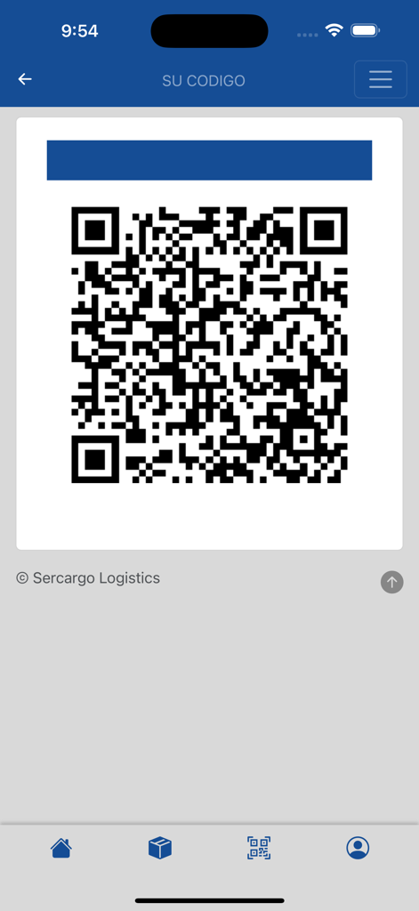 SerCargo Logistics - SerCargo Logistics app screen showing a user identification QR code labeled Su Codigo