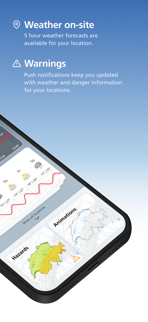 MeteoSwiss app interface showing local weather forecasts and natural hazard warning maps for Switzerland