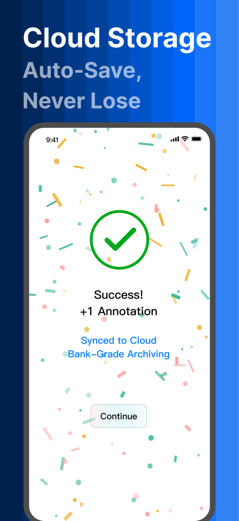 MarkMaster-image meter measure - MarkMaster app screen showing a successful cloud storage sync for a photo annotation