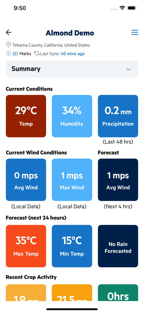 Interface de l'application Arable Mobile affichant les données météorologiques des champs en temps réel et les prévisions pour la gestion agricole.