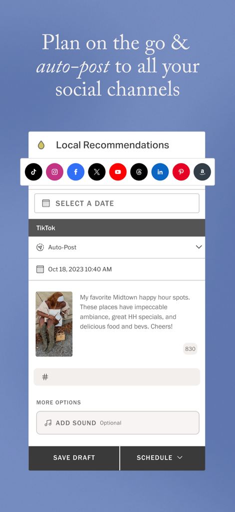 Mobile interface of Planoly social media planner showing a post scheduled for auto-posting to TikTok and multiple other platforms.