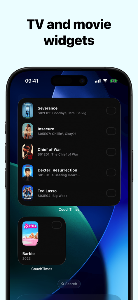 TV Show Tracker – CouchTimes - Pantalla de inicio del iPhone mostrando widgets de seguimiento de TV y películas de CouchTimes con una lista de series y progreso de episodios.