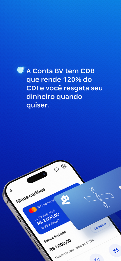 Bildschirm der banco BV-App, der Informationen zur Anlageertragsrendite und Funktionen der Kreditkarte anzeigt
