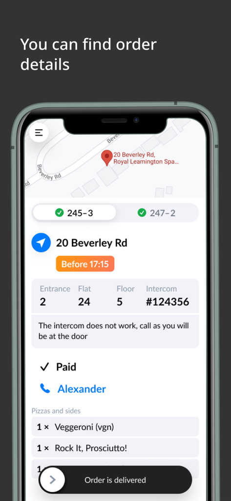 Додо Курьер - Dodo Courier mobile app interface displaying delivery address, intercom instructions, and customer order details