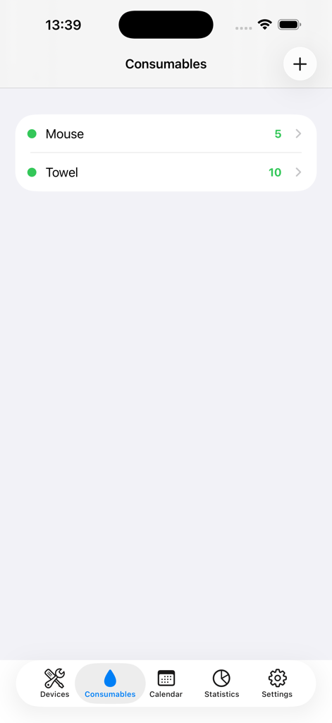 Hearthix - Pantalla de la aplicación Hearthix que muestra una lista de consumibles rastreados con cantidades