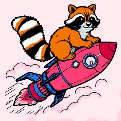 realistic raccoon flying on top rocket ship