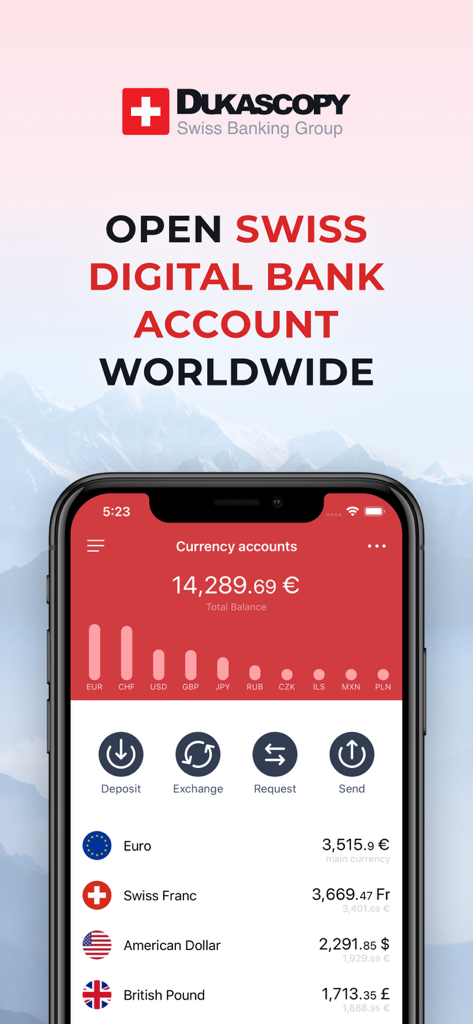 Dukascopy – Swiss Mobile Bank - Dukascopy mobile app dashboard showing multi-currency accounts and total balance.
