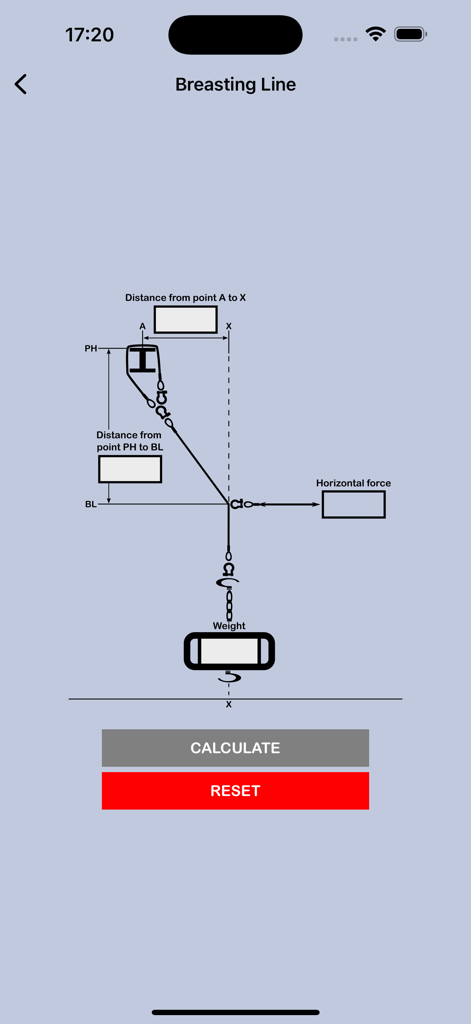 Rigging Bridle Calculator+ - Pantalla de cálculo de Línea de Anclaje que muestra un diagrama con campos de entrada para fuerzas y distancias en la aplicación Rigging Bridle Calculator