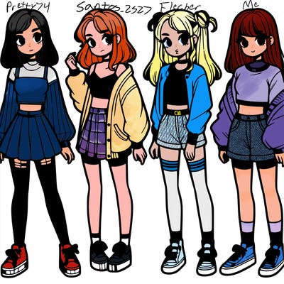 one girl with crop-top shirt and a jacket with a skirt, long socks and another girl with a shirt and pants with a jacket