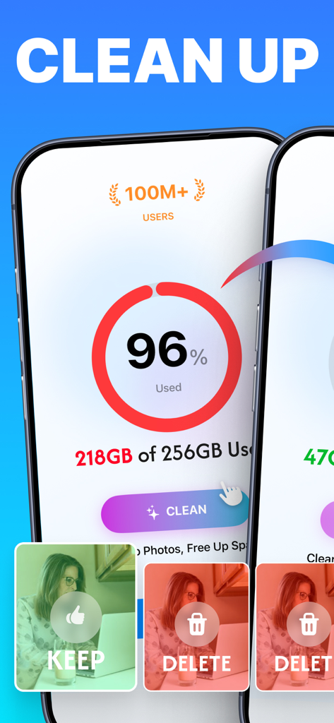 Memoria AI:Cleaner & Optimizer - Pantalla de la aplicación Memoria AI Cleaner que muestra la gestión del almacenamiento y la eliminación de fotos duplicadas