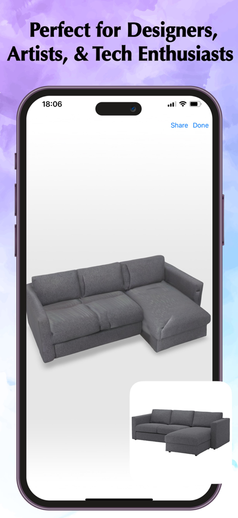 Pic3D Maker - Image to 3D - A mobile interface of Pic3D Maker showing a 3D model of a grey sofa converted from a 2D photo