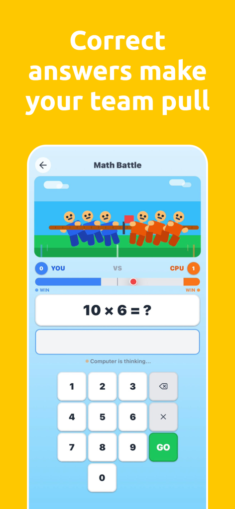 Gameplay screen of Tug of War Mathematics showing a multiplication problem during a competitive math battle against the CPU.
