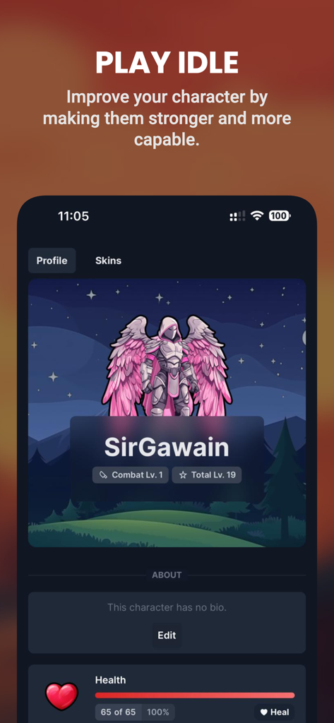 IdleMMO - Online Idle RPG - IdleMMO character profile page showing an armored character with pink wings and level stats.