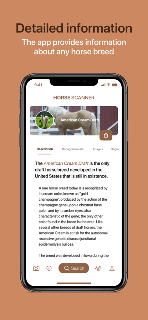 Página de detalles de razas de caballos en la aplicación móvil Horse Scanner