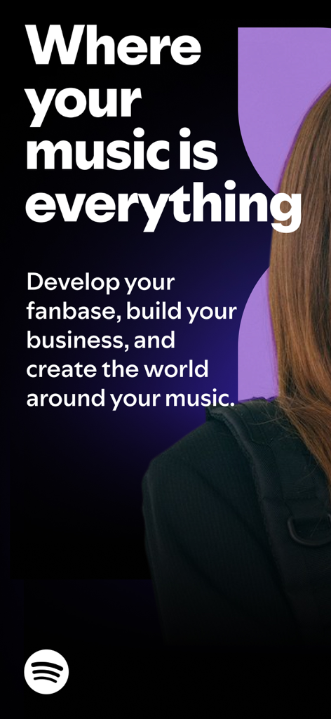 Introductory screen for the Spotify for Artists mobile app featuring promotional text for musicians