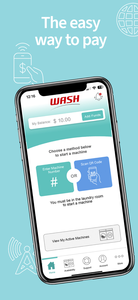 WASH-Connect - Tela do aplicativo móvel WASH-Connect mostrando opções para pagar a lavanderia inserindo um número de máquina ou escaneando um código QR.