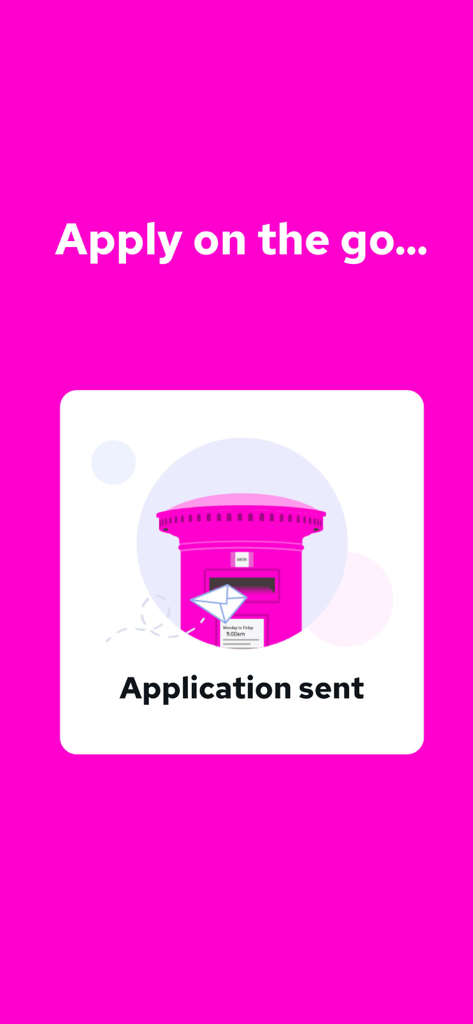 Reed.co.uk app screen confirming a job application was sent with a pink British post box illustration.