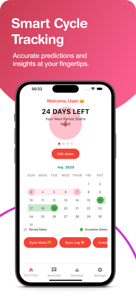 Pantalla de smartphone de la aplicación HerSync que muestra un calendario de menstruación y ovulación con seguimiento inteligente del ciclo