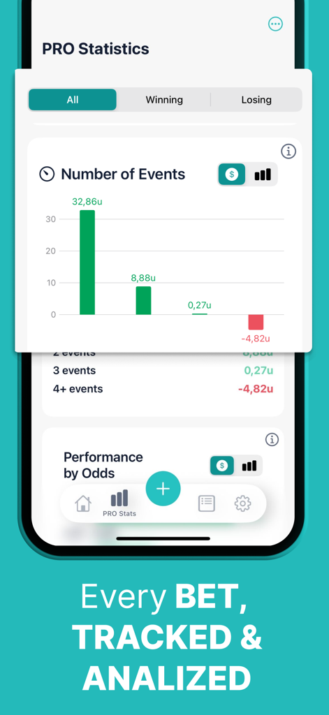 Bet Journal app interface displaying pro statistics and performance charts for sports betting