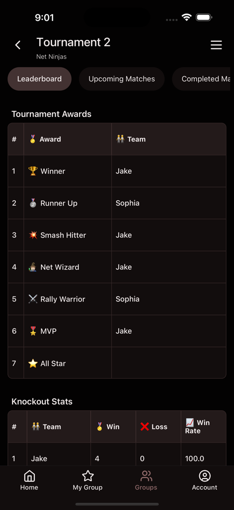 A screen from the Badminton Score app showing a tournament leaderboard with player awards and knockout statistics