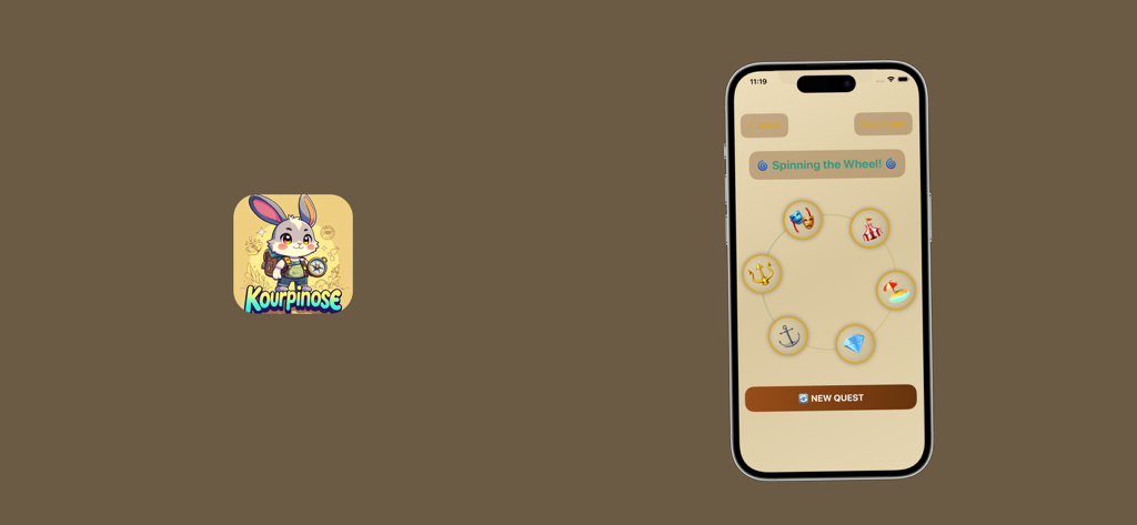 Kourpinose App-Oberfläche, die eine kreisförmige Gedächtnistrainings-Quest mit nautischen und Schatzsymbolen auf einem iPhone-Bildschirm zeigt