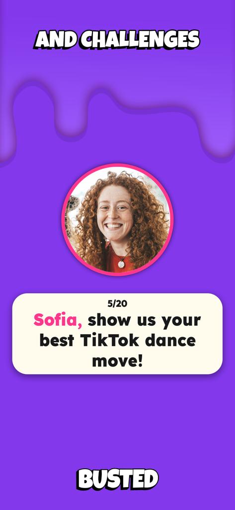 Busted & Exposed 2: Party Game - TikTokダンスチャレンジが表示されたBustedパーティーゲームインターフェース