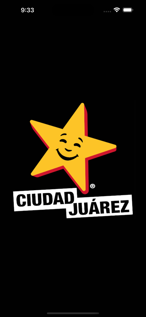 Carl's Jr. Chihuahua - Pantalla de inicio de la app Carl's Jr. Chihuahua con el logo de la estrella sonriente y el texto Ciudad Juarez