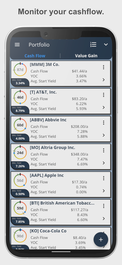 22 Dividends - 22 Dividends app portfolio screen showing cash flow and yield on cost metrics for stocks like Apple and Coca Cola