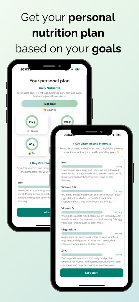 Nutria: Food & Vitamin Tracker - Interfaccia dell'app Nutria che visualizza un piano nutrizionale personalizzato con obiettivi calorici e vitaminici giornalieri.