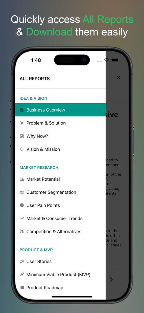 Startup AI: Idea Validator - A list of business planning reports in the Startup AI Idea Validator app including Market Research and Product MVP sections.
