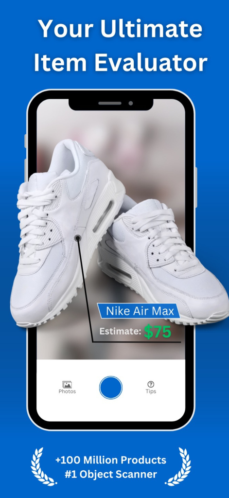 ResaleScan: AI Value Scanner - A smartphone using ResaleScan to identify a pair of white sneakers and estimate their resale value at 75 dollars