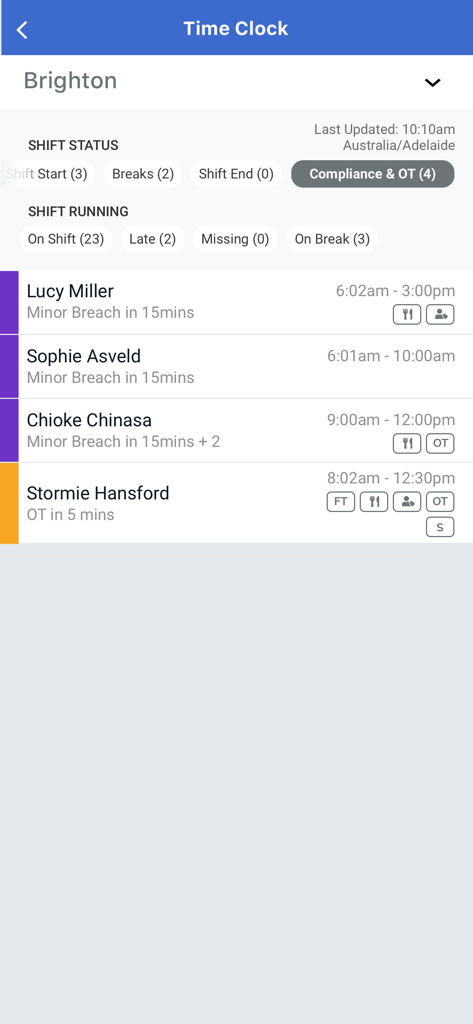 LIFELENZ app time clock interface showing employee shifts and compliance alerts