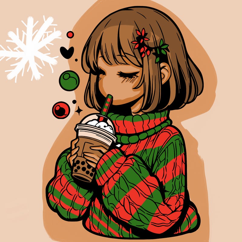 manga girl drinking boba in cozy sweater