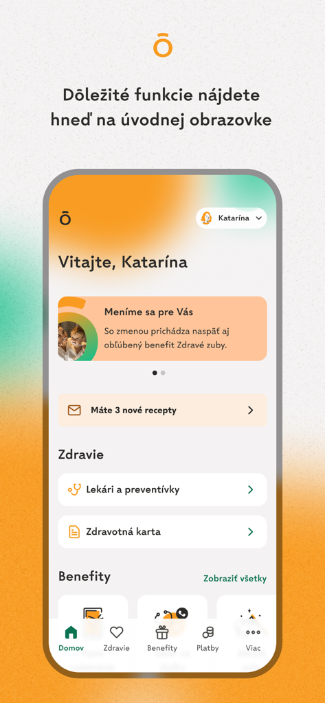 Dôvera - Pantalla de inicio de la aplicación de seguro médico Dôvera mostrando las recetas y beneficios médicos del usuario.