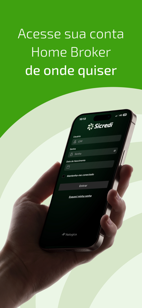 Home Broker Sicredi - Une main tenant un smartphone affichant l'écran de connexion de l'application Home Broker Sicredi avec des champs pour le CPF et le mot de passe