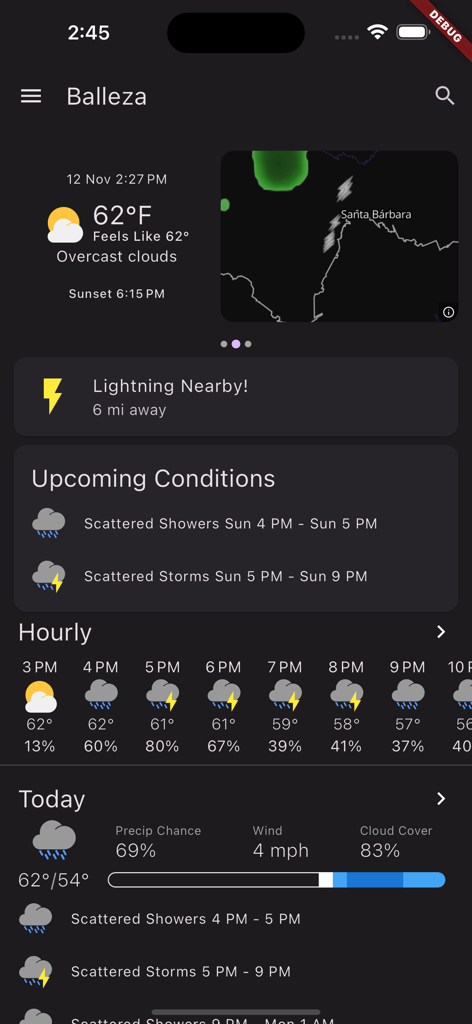 Shadow Weather - Shadow Weather app interface displaying current temperature, radar map, and a lightning strike alert