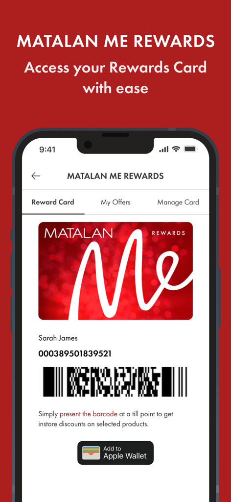 A digital Matalan Me rewards card displayed on a mobile app screen with a barcode and Apple Wallet button.