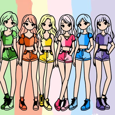 a group of girls wearing crop tops and shorts