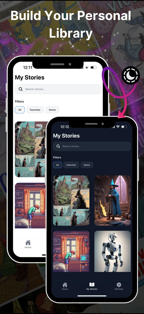 AI Storyteller: Book Creator - Build your personal library with AI Storyteller showing light and dark mode options.