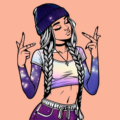 realistic teenage girl with braids and a beanie and crop top doing 🫶🏼