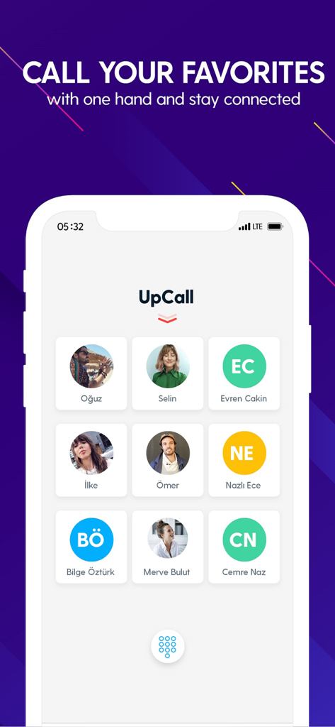 UpCall app interface displaying a grid of favorite contacts for quick calling.