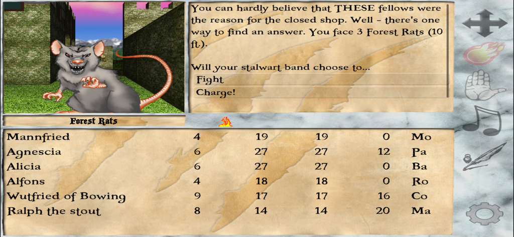 Silversword - A first-person battle encounter in Silversword RPG showing a forest rat enemy and character party statistics.