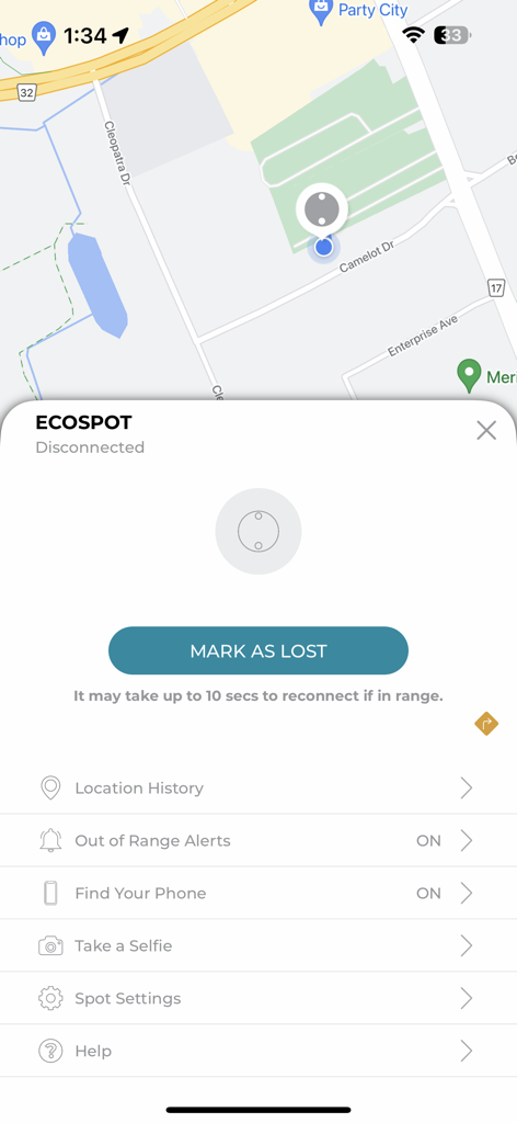 Interface of the Spot 2.0 Bluetooth Finder app displaying a map location for an ECOSPOT device and various tracking features.