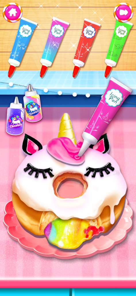 Food Cooking Baking Girl Games - Decorating a unicorn donut with pink icing and rainbow filling in a baking game for girls