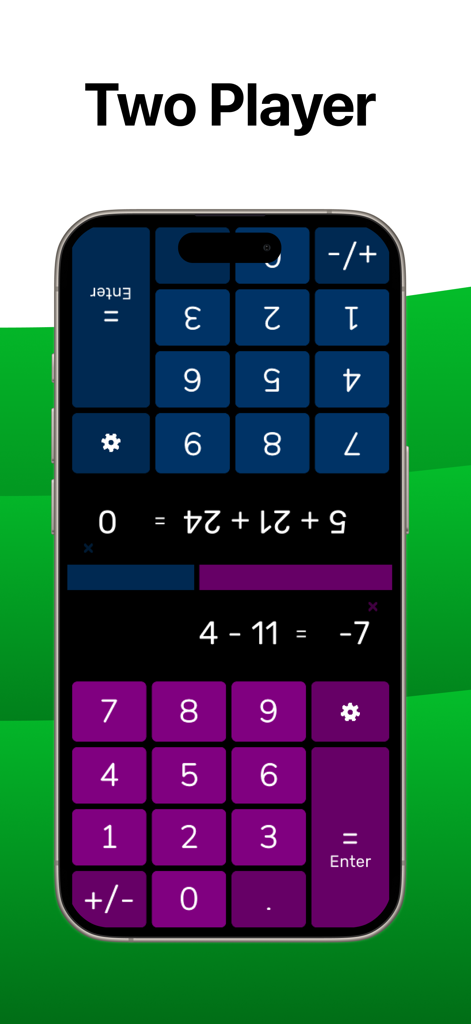 Math Duel: 2 Player Study Quiz - Split-screen view of a two-player math duel on a smartphone