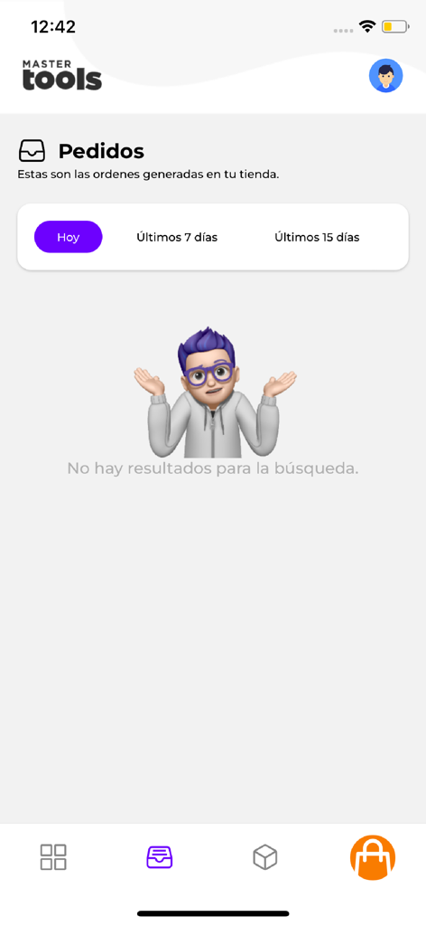 Interfaz de pantalla de pedidos de la aplicación móvil MasterTools en español que muestra un estado vacío.