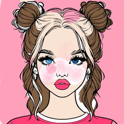 realistic girl with two buns in hair and lips