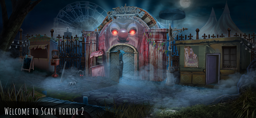 Scary Horror 2: Escape Room - A spooky night scene from a carnival featuring a creepy clown funhouse entrance and a distant ferris wheel.