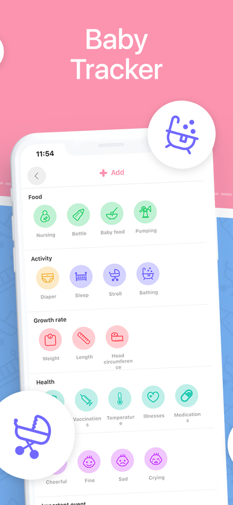 Baby Tracker • My Baby - Baby Trackerアプリのユーザーインターフェース。食事、アクティビティ、成長、健康の記録カテゴリが表示されています。