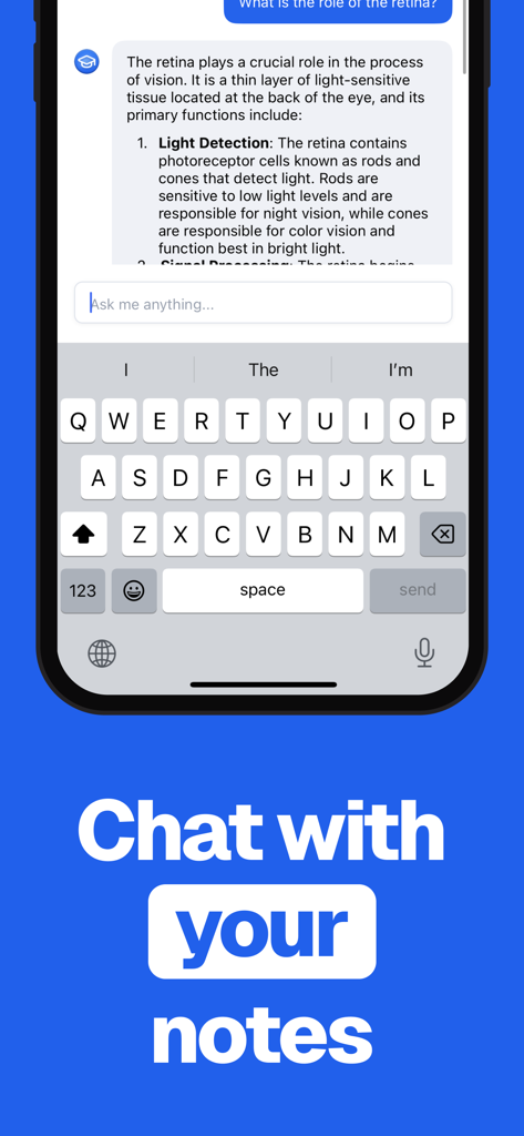 Captura de pantalla de la aplicación móvil StudyUnfold que muestra a un asistente de IA respondiendo preguntas sobre notas de ciencias